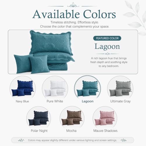 Image of HZ & HY Oversized King Bedspreads, Stitched Damask, Lagoon Blue | Generous Coverage, 5-Piece Quilt Set, Lightweight Reversible Coverlet, Scalloped Edge, King /Cal King