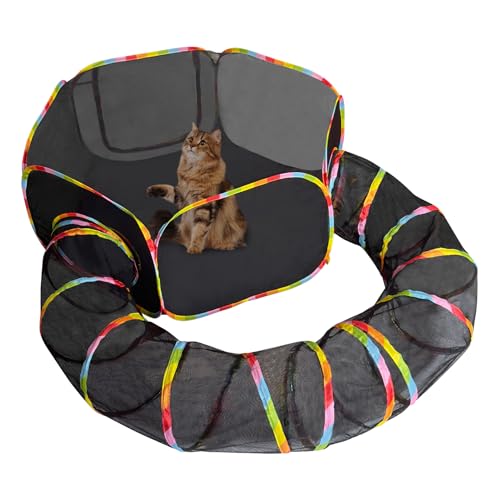 Fhiny Outdoor Cat Enclosures,2-in-1 Portable Rainbow Cat Tent with Tunnel for Outdoor Kitten Mesh Playpen Enclosed Catio Collapsible Outside Compound Pet Play House for Bunny Cats Kitty Ferrets
