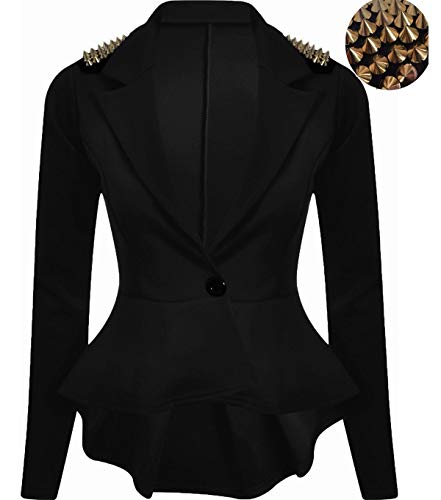 Ladies Gold Studded Shoulder Long Sleeve Spike Blazer Women Frill Peplum Tail Celebrity Style Jacket2