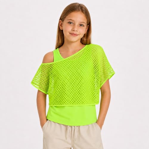 Girls Fishnet Off Shoulder Top with Tank Top, 80s 90s Neon Costume Outfit - image 2