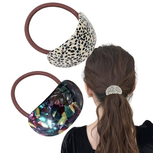 shefun ヘアゴム べっ甲風 大人 髪ゴム ヘアアクセサリー マーブル 茶 2本セット レディース 輪ゴム 可愛い おしゃれ 髪飾り ポニーテール 髪 ゴム JP255 (黒白のヒョウ柄+瑠璃の彩)