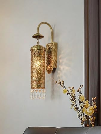 Image of Hand Carved Brass & Crystal Cylinder Sconce - Wall Light Decorative Lighting for Living Rooms Balcony Decor with Free Bulb