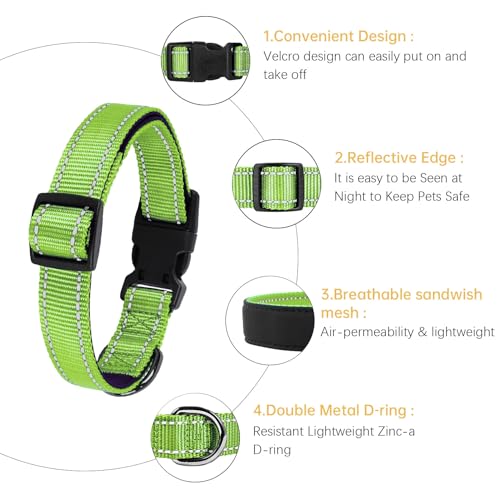 Image of HEELE Dog Collar, Reflective Dog Collar, Soft Neoprene Padded Breathable Nylon Pet Collar Adjustable for Small Dogs, Grass Green, S(10.23-14.96 inch)