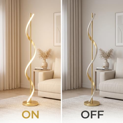 Image of Spiral Floor Lamp 3-Color CCT (Warm + Natural + Cold White) Gold Aluminium LED Standing Lamp for Living Room Bedroom Home Decor