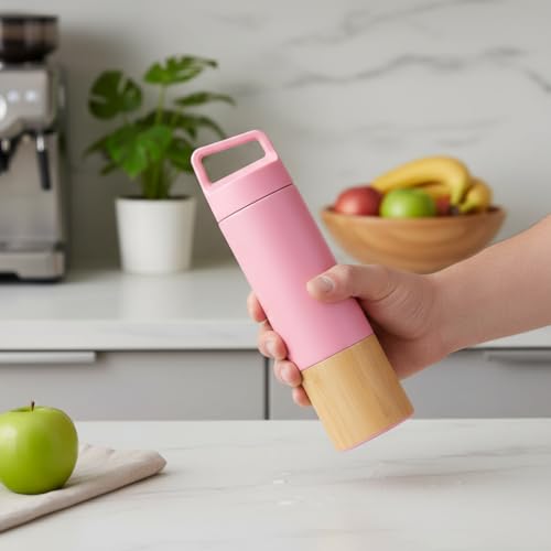 600 ml Bambu Tabanlı Kulplu Çelik Termos Mug - 5 Renk Seçenekli Sıcak/Soğuk Tutucu Seyahat Bardağı (Pembe)