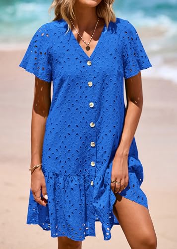 Image of KIRUNDO Eyelet Dresses for Women Button Down Mini Babydoll