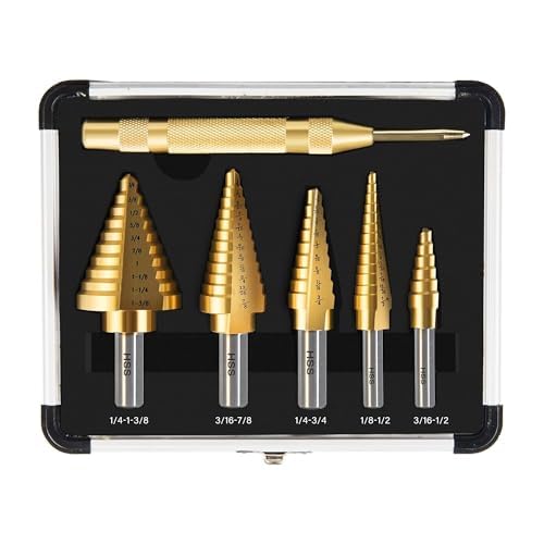 Juego de 6 brocas escalonadas con punzón central automático, de 18 a 1-38 pulgadas, broca escalonada de acero de alta velocidad para acero