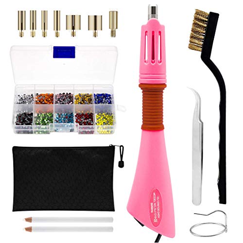 Rhinestone Hotfix Applicator Full Set - DIY Rhinestone Setter Kit Include 7 Different Sizes Tips, Tweezers & Brush Cleaning kit, 2 Pencils, and Hot-Fix Crystal Rhinestones (Pink)