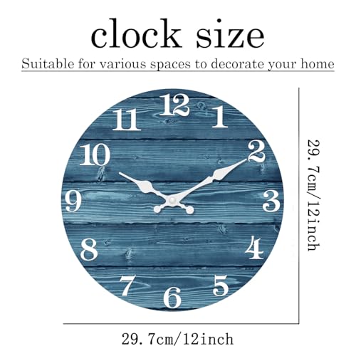 Image of XFM 12 Inch Blue Wall Clocks for Kitchen Living Room Decor | Silent Non-Ticking Battery Operated Vintage Wooden Rustic Round Decorative for Bedroom Farmhouse Office