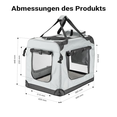 Fudajo Faltbare Transportbox für Hunde, Katzen M (60x42x44cm), robust, leicht, sicher, Hundebox mit Tragegriff und Decke, Grau