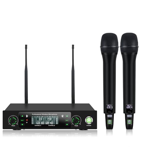 Loewieta Wireless Microphone System, Dual UHF Metal Cordless Mic Set for Karaoke Singing, Church, DJ, Party, Wedding, 500ft Long Range, Auto Scan, Anti-Interference, Handheld Dynamic Microphones