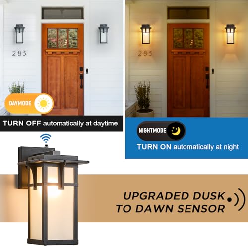 EERU 2 Pack Porch Lights Wall Mount Outdoor Wall Lantern Small Waterproof Aluminum with Frosted Glass Exterior Light Fixtures Asian Outdoor Sconces for Outside House Patio Garage Lighting, Black by EERU - Used condition - Image 2
