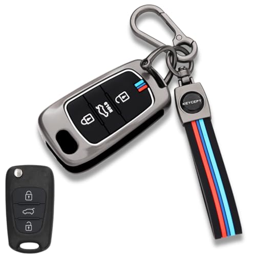 Image of KEYCEPT Metal Alloy Key Cover Compatible with Hyun-dai i10, i20 Old 3 Button Flip Key with Keychain (Long Keychain).