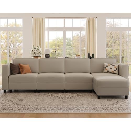 Belffin 114.2" 5 Seater Modular Sectional Sofa,Convertible L Shaped Couch with Deep Storage Seat,Modular Couch with Movable Ottoman Chaise,Upholstered