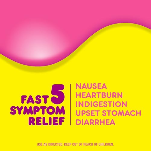 Image of Pepto Bismol Berry Mint Chews, Upset Stomach Relief, Nausea Relief, Heartburn Relief, Indigestion Relief, Anti Diarrhea Medication for Adults - 5 Symptom Fast Relief, 48 Chewable Tablets