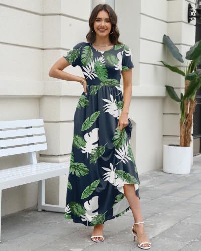Image of COSSEN Women's Crew Neck Short Sleeve Maxi Dress with Pockets Casual Loose Swing for Wedding Guest Beach Vacation