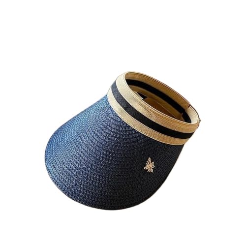 Casquette de baseball en paille d'été bleue avec grand bord anti-UV et décor d'abeille