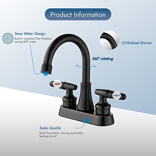 Cinwiny Bathroom 4 Inch Centerset Sink Faucet Oil Rubbed Bronze Vanity Faucet 360°Degree Swivel Spout Double Handle Deck Mount Mixer Tap With Pop Up Drain Lavatory Bathroom Lavatory Faucets #TOP5