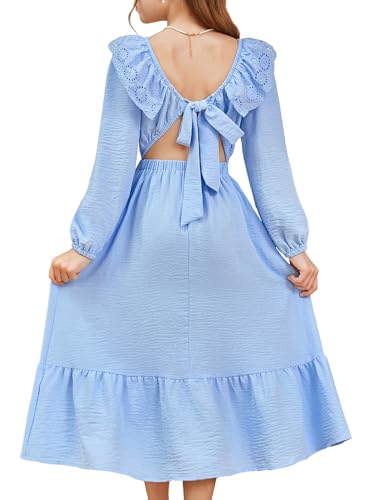 blibean Tween Girls Tie Back Dresses Embroidery Sleeve Size 6-15 Years