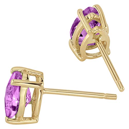 Peora Solid 14K Yellow Gold Created Pink Sapphire Earrings for Women, Classic Solitaire Studs, 7x5mm Pear Shape, 1.75 Carats total, Friction Back, September Birthstone Earrings, Fine Gold Jewelry3