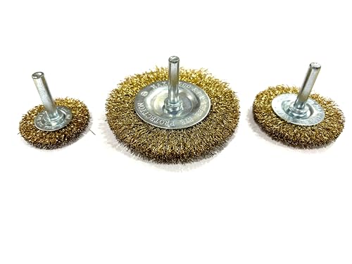 Image of Jon Bhandari Tools 3pc Steel Wire Brush Set with Brass Coating & Spindle - Drill Attachment Wire Wheels for Rust, Paint & Corrosion Removal - Heavy Duty Rotary Brush Kit for Metal Cleaning