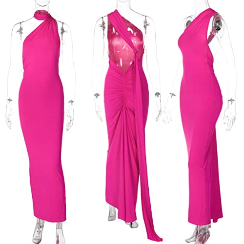 Image of Suillty Women's Sexy Oblique Shoulder Backless Maxi Dress Ruched Back Strap Sleeveless Party Club Long Dresses Bodycon