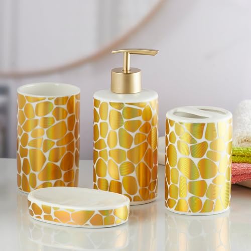 Image of Kookee Ceramic Bathroom Accessories Set of 4, Modern Bath Set with Liquid handwash Soap Dispenser and Toothbrush Holder, Luxury Gift Accessory for Home, Gold /White (10084)