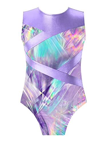 IEFIEL Maillot Lentejuelas de Patinaje Artistico Para Niña Mono Elástico de Gimnasia Ritmica Traje Ballet Niña Maillot de Danza Clásica S Lavanda 7-8 años