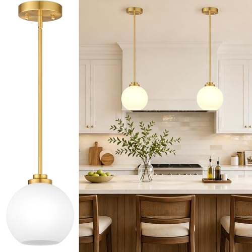 2 Pack Gold Globe Pendant Lights, Mid Century Gold Pendant Light Fixtures, Globe Pendant Lights Kitchen Island with Milk Glass Shade Adjustable Hanging Fixture for Dining Room (Bulbs not Included)