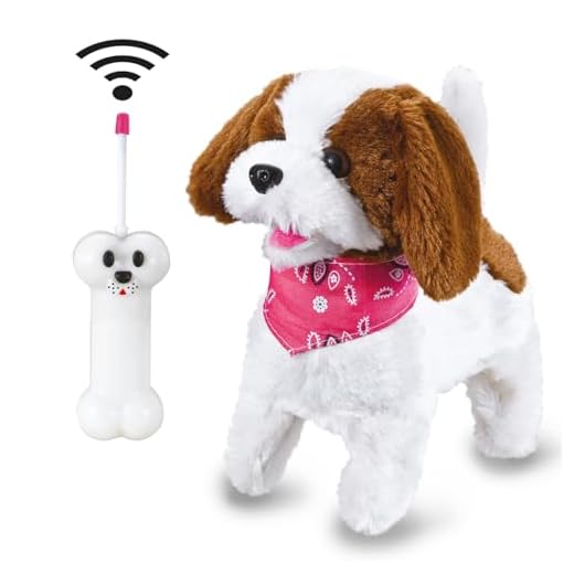 Jamara -Lucky RC Plüschhund 27MHz- Weiches Fell, bewegt die Schnauze und Kopf, wedelt mit dem Schwanz, realistisches Hundebellen, Weiß-Braun