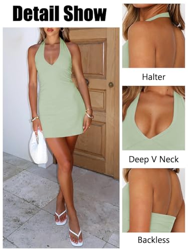 Image of Women's Sexy Halter V Neck Mini Dress for Women Summer Slim Fit Going Out Club Party Bodycon Short Dresses
