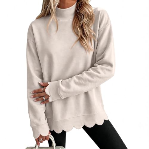 Mock Neck Sweatshirt Women Cotton Scalloped Hem Fashion Pullover Tops - image 1