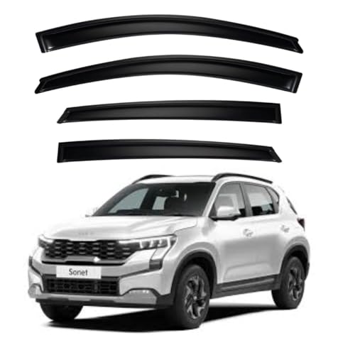 Image of Premium Smoke Car Door Visor Front+Rear Sun /Rain Guard Outside Mount Tape-On Window Visors Compatible with Kia Sonet (2025-2026)