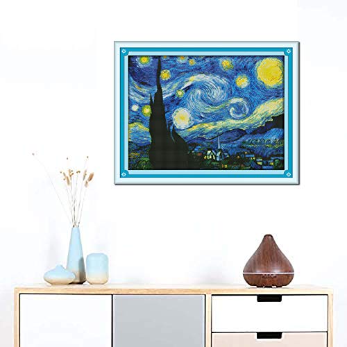 Image of OWN4B Cross Stitch Kits Pre Printed, The Starry Night of Van Gogh Stamped Pattern 11CT 23.2 x17.7 inch DIY Embroidery Kit