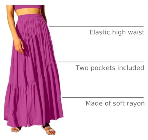 Image of ANRABESS Women's Boho Elastic High Waist Pleated A-Line Flowy Swing Asymmetric Tiered Maxi Long Skirt Dress with Pockets