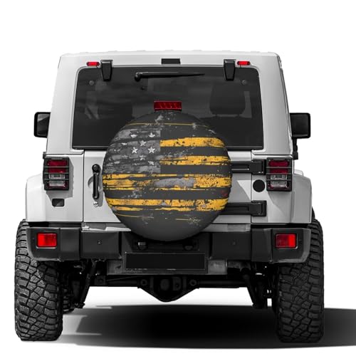 Image of Distressed American Flag Thin Yellow Spare Tire Cover Dust-Proof Wheel Tire Cover Fit Trailer, RV, SUV and Many Vehicle 15 Inch