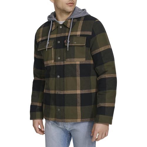 Image of Levi's mens Plaid Sherpa Lined Hooded Shirt Jacket (Regular & Big & Tall Sizes)