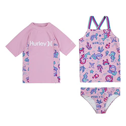 Hurley Girls' Short Sleeve Rash Guard And Swim Suit 3-Piece Set, Pink/Mermaid, 2T #TOP26