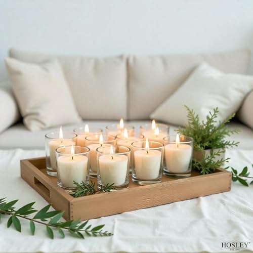 Image of Hosley Set of 12 White Unscented Votive Candles in Clear Glass Holders - Hand Poured Soy Wax, 10-12 Hour Burn Time for Weddings & Home Decor