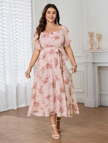 Image of SCOMCHIC Womens Plus Size Formal Dresses Off The Shoulder Wedding Guest Cocktail A-Line Split Maxi Dress with Pockets