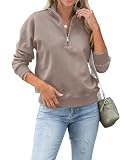 Dressmine Quarter Zip Sweatshirt for Women High Neck Long Sleeve Pullover Fall Shirts Ribbed Half Zip Up Hoodie Coffee Grey XL