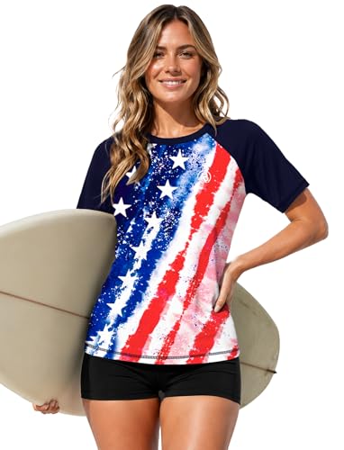 Image of AOBUTE Women Short Sleeve Rash Guard Gradient Sun Protection Swim Shirts