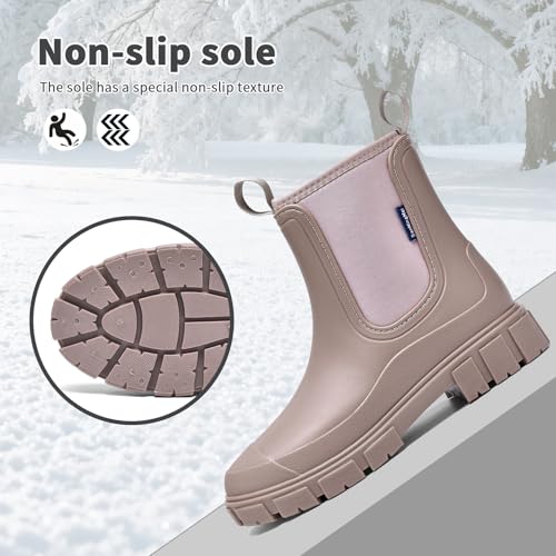 GemChve Gummistiefel Damen Winter, Chelsea Boots Gefüttert Wasserdicht, Gummistiefeletten Halbhohe Gartenschuhe, Rutschsicher Regenschuhe, Abriebfest Komfort Schlupfstiefel Brown 41 EU