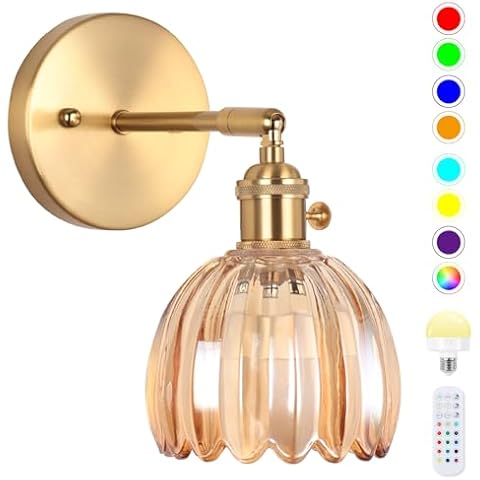 EIDEARAY Battery Operated Wall Sconce, Vintage Wall Sconce with Amber Tulip Glass Lampshade Rechargeable Battery Powered Wall Light with Remote Control for Bedroom,Living Room, Hallway, Aisle Cover