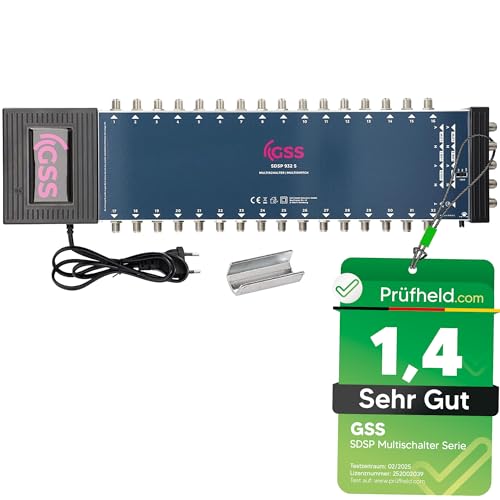 GSS Multiconmutador 9/32 para 2 satélites y 32 participantes, incluye ayuda para enroscar, adecuado para 2 Quad o 2 LNB Quattro - Terestrik regulable - 22 Khz - Fuente de alimentación integrada de