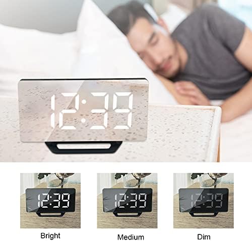 Miniatura 3 de Reloj despertador de superficie de espejo digital LED, puerto de carga USB doble, repetición, detección de temperatura interior y brillo