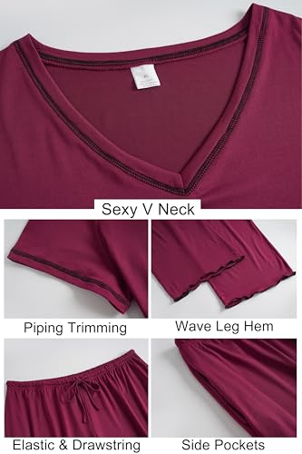 Image of Vozanet Women's Plus Size Pajama Sets Short Sleeve Long Pants Solid Color with Piping Trim Elegant Loungewear Cozy Sleepwear