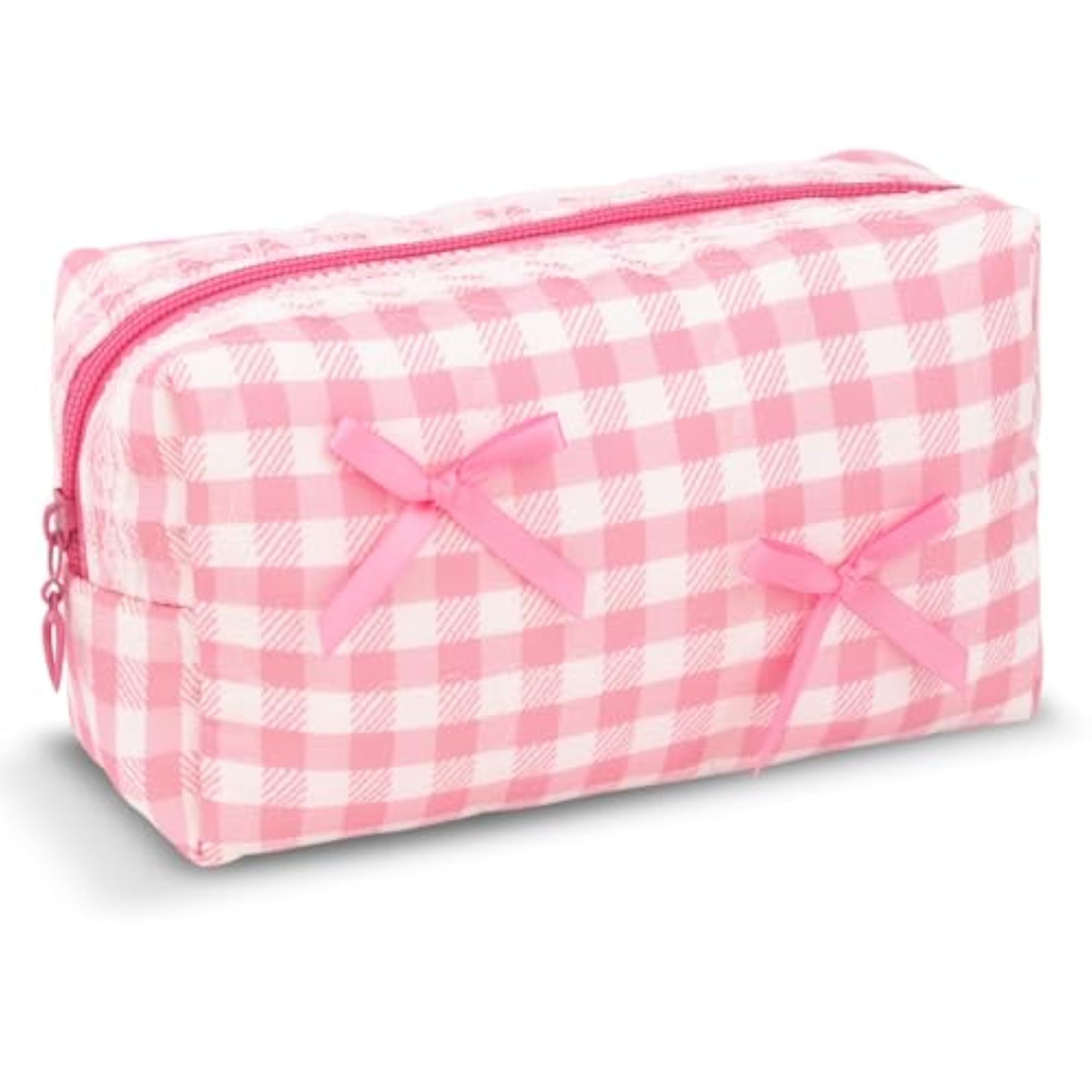 Pink Gingham Quilted Cosmetic Bag, Cute Toiletry Organizer