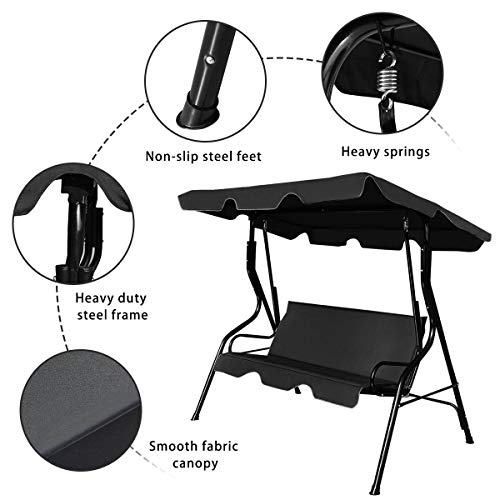 Tangkula 3 Person Porch Swing, Patio Swing With Removable Cushion & Powder-Coated Steel Frame, Outdoor Swing With Canopy For Porch, Backyard, Garden, Balcony (Black) #TOP5