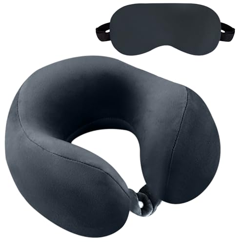 Image of Billebon Extra Soft Memory Foam Luxury Travel Neck Support Rest Pillow with Soft Washable & Removable Cover, Multipurpose Comfortable Travel Pillow for Airplane (Grey with Eye MASK)